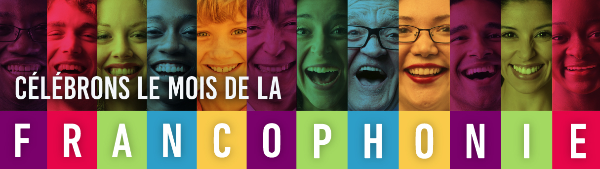 Francophonie in white font on coloured squares. Collage of people's faces above the lettered squares.